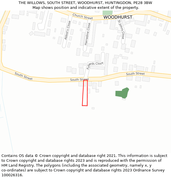 THE WILLOWS, SOUTH STREET, WOODHURST, HUNTINGDON, PE28 3BW: Location map and indicative extent of plot