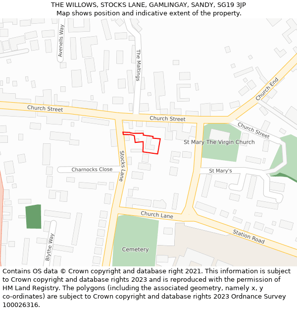 THE WILLOWS, STOCKS LANE, GAMLINGAY, SANDY, SG19 3JP: Location map and indicative extent of plot