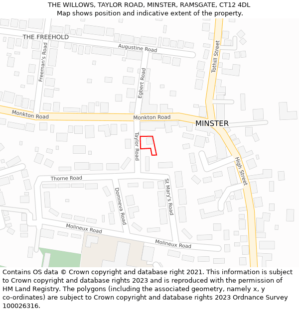 THE WILLOWS, TAYLOR ROAD, MINSTER, RAMSGATE, CT12 4DL: Location map and indicative extent of plot