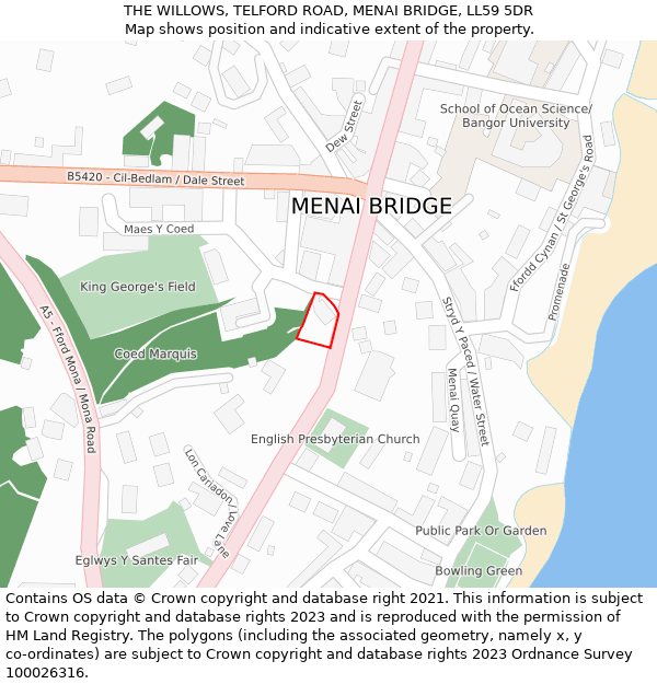 THE WILLOWS, TELFORD ROAD, MENAI BRIDGE, LL59 5DR: Location map and indicative extent of plot