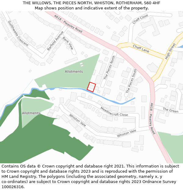 THE WILLOWS, THE PIECES NORTH, WHISTON, ROTHERHAM, S60 4HF: Location map and indicative extent of plot