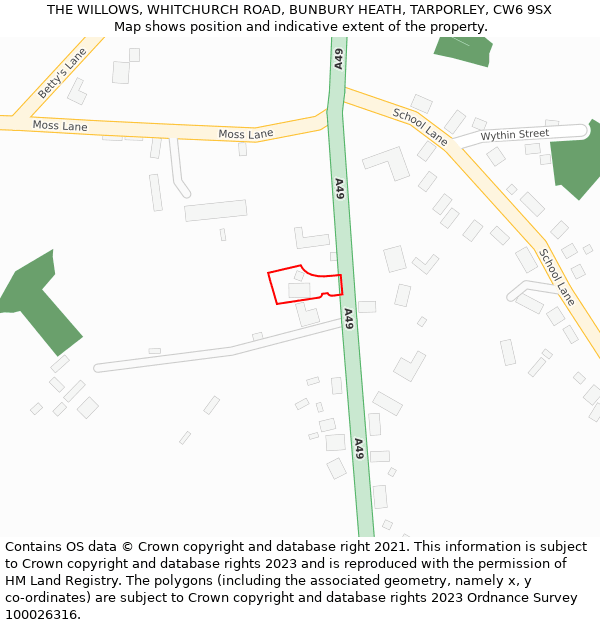 THE WILLOWS, WHITCHURCH ROAD, BUNBURY HEATH, TARPORLEY, CW6 9SX: Location map and indicative extent of plot