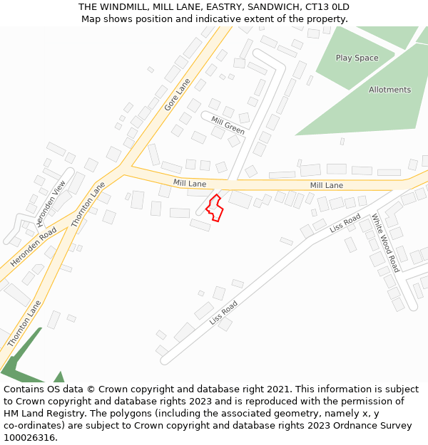 THE WINDMILL, MILL LANE, EASTRY, SANDWICH, CT13 0LD: Location map and indicative extent of plot