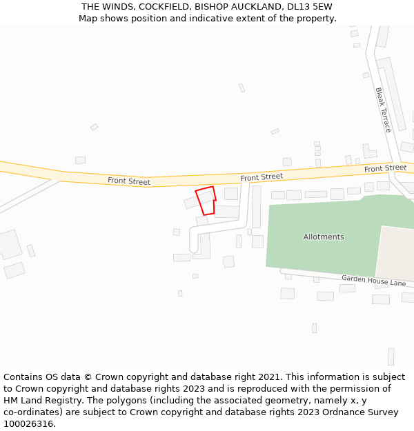 THE WINDS, COCKFIELD, BISHOP AUCKLAND, DL13 5EW: Location map and indicative extent of plot