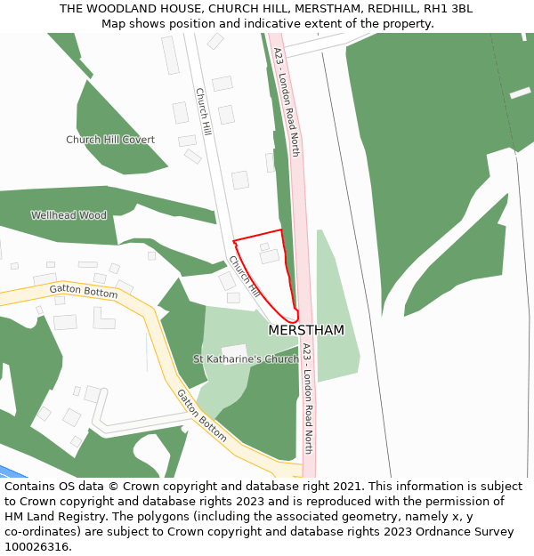 THE WOODLAND HOUSE, CHURCH HILL, MERSTHAM, REDHILL, RH1 3BL: Location map and indicative extent of plot