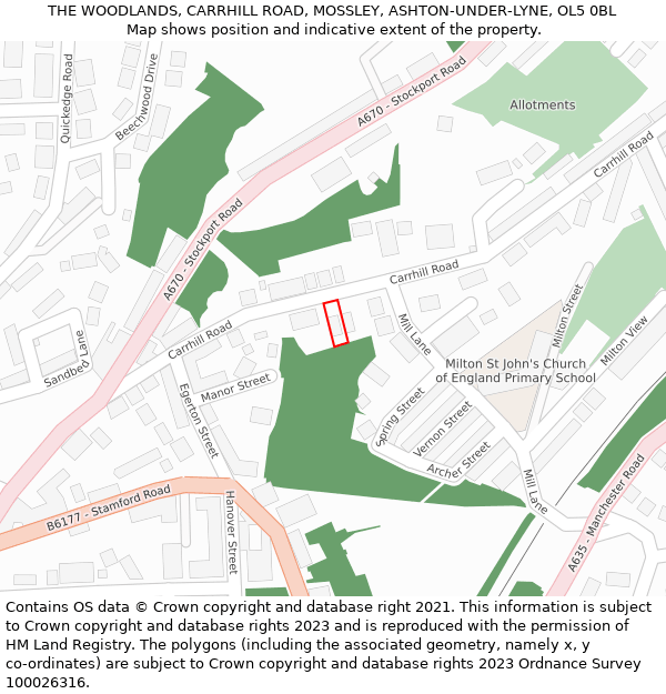 THE WOODLANDS, CARRHILL ROAD, MOSSLEY, ASHTON-UNDER-LYNE, OL5 0BL: Location map and indicative extent of plot