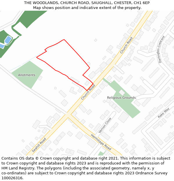 THE WOODLANDS, CHURCH ROAD, SAUGHALL, CHESTER, CH1 6EP: Location map and indicative extent of plot