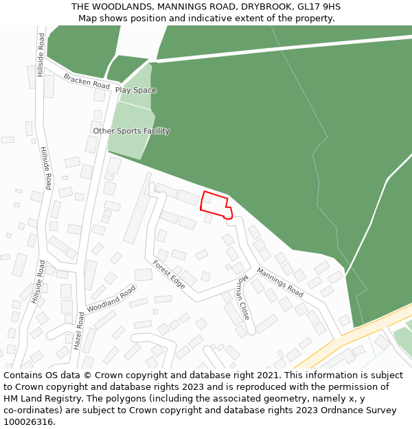 THE WOODLANDS, MANNINGS ROAD, DRYBROOK, GL17 9HS: Location map and indicative extent of plot