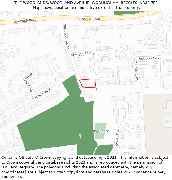 THE WOODLANDS, WOODLAND AVENUE, WORLINGHAM, BECCLES, NR34 7EF: Location map and indicative extent of plot