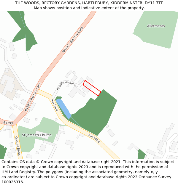 THE WOODS, RECTORY GARDENS, HARTLEBURY, KIDDERMINSTER, DY11 7TF: Location map and indicative extent of plot