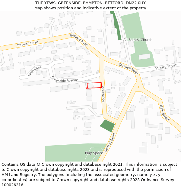 THE YEWS, GREENSIDE, RAMPTON, RETFORD, DN22 0HY: Location map and indicative extent of plot