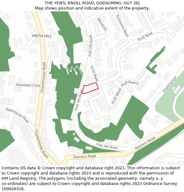 THE YEWS, KNOLL ROAD, GODALMING, GU7 2EJ: Location map and indicative extent of plot
