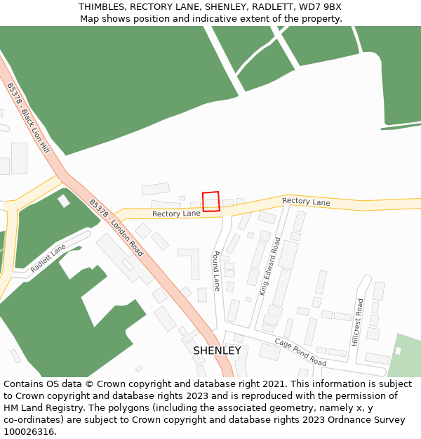 THIMBLES, RECTORY LANE, SHENLEY, RADLETT, WD7 9BX: Location map and indicative extent of plot