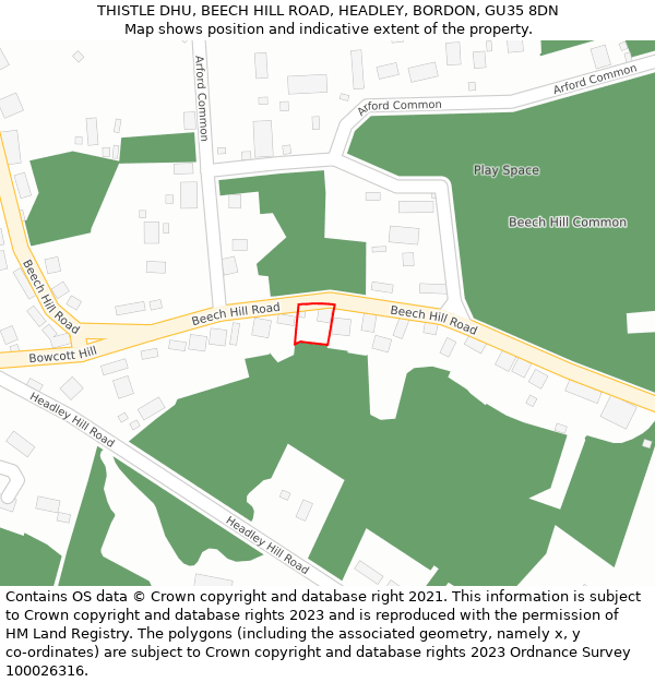 THISTLE DHU, BEECH HILL ROAD, HEADLEY, BORDON, GU35 8DN: Location map and indicative extent of plot