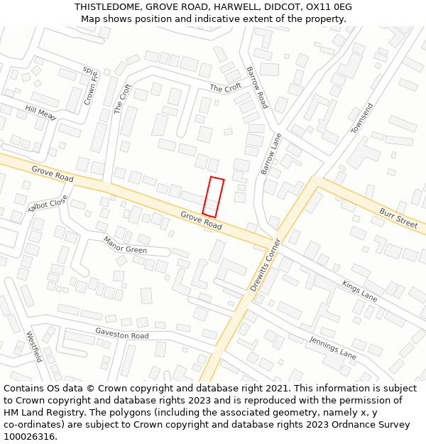 THISTLEDOME, GROVE ROAD, HARWELL, DIDCOT, OX11 0EG: Location map and indicative extent of plot