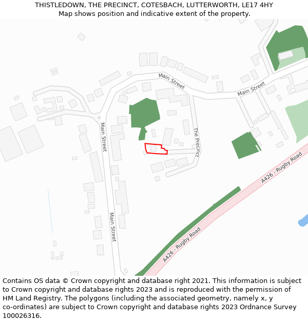 THISTLEDOWN, THE PRECINCT, COTESBACH, LUTTERWORTH, LE17 4HY: Location map and indicative extent of plot