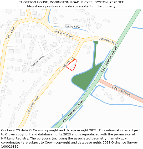 THORLTON HOUSE, DONINGTON ROAD, BICKER, BOSTON, PE20 3EF: Location map and indicative extent of plot