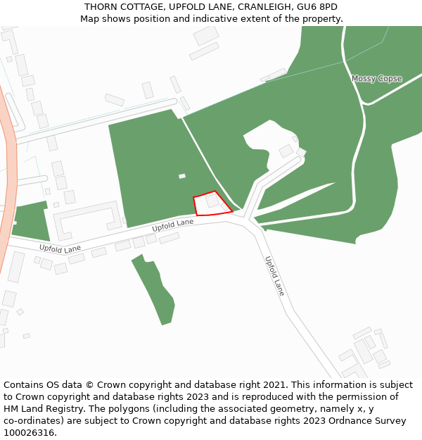 THORN COTTAGE, UPFOLD LANE, CRANLEIGH, GU6 8PD: Location map and indicative extent of plot