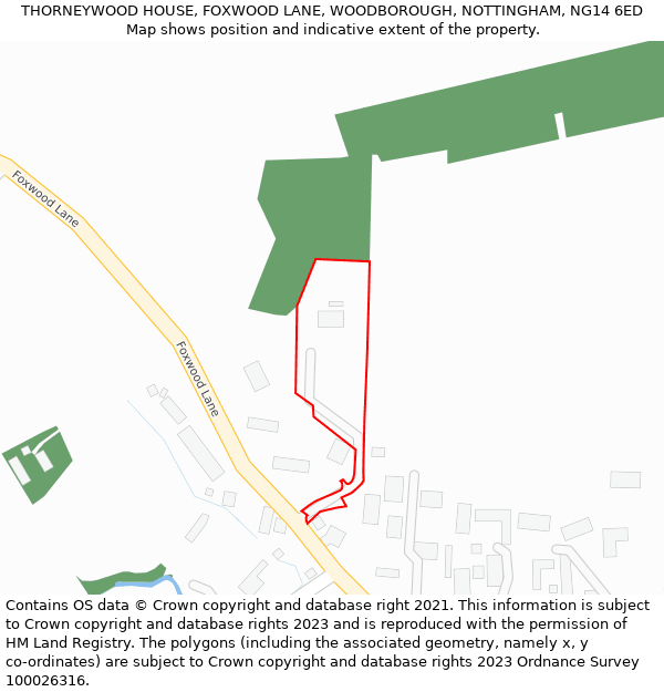 THORNEYWOOD HOUSE, FOXWOOD LANE, WOODBOROUGH, NOTTINGHAM, NG14 6ED: Location map and indicative extent of plot