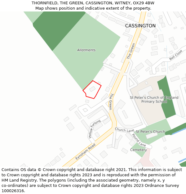 THORNFIELD, THE GREEN, CASSINGTON, WITNEY, OX29 4BW: Location map and indicative extent of plot