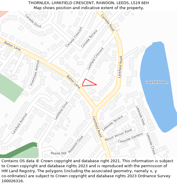 THORNLEA, LARKFIELD CRESCENT, RAWDON, LEEDS, LS19 6EH: Location map and indicative extent of plot