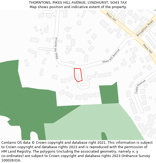 THORNTONS, PIKES HILL AVENUE, LYNDHURST, SO43 7AX: Location map and indicative extent of plot