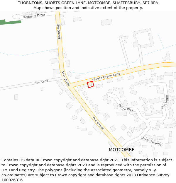 THORNTONS, SHORTS GREEN LANE, MOTCOMBE, SHAFTESBURY, SP7 9PA: Location map and indicative extent of plot