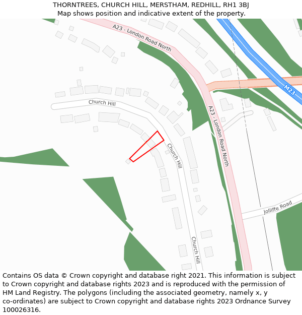 THORNTREES, CHURCH HILL, MERSTHAM, REDHILL, RH1 3BJ: Location map and indicative extent of plot