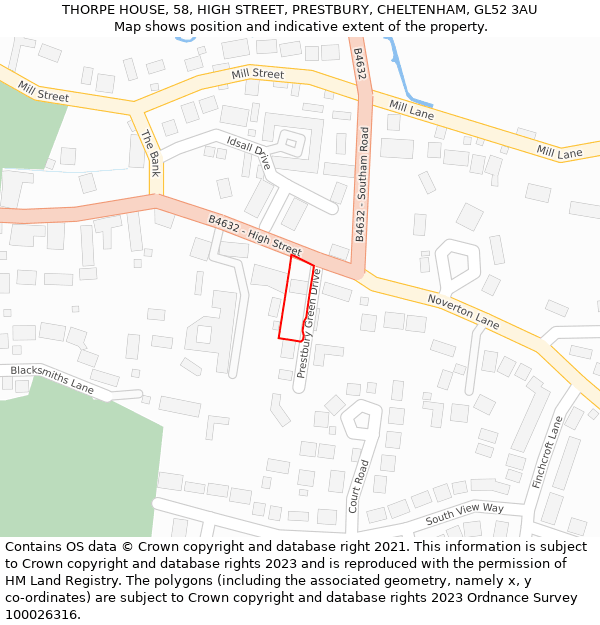 THORPE HOUSE, 58, HIGH STREET, PRESTBURY, CHELTENHAM, GL52 3AU: Location map and indicative extent of plot