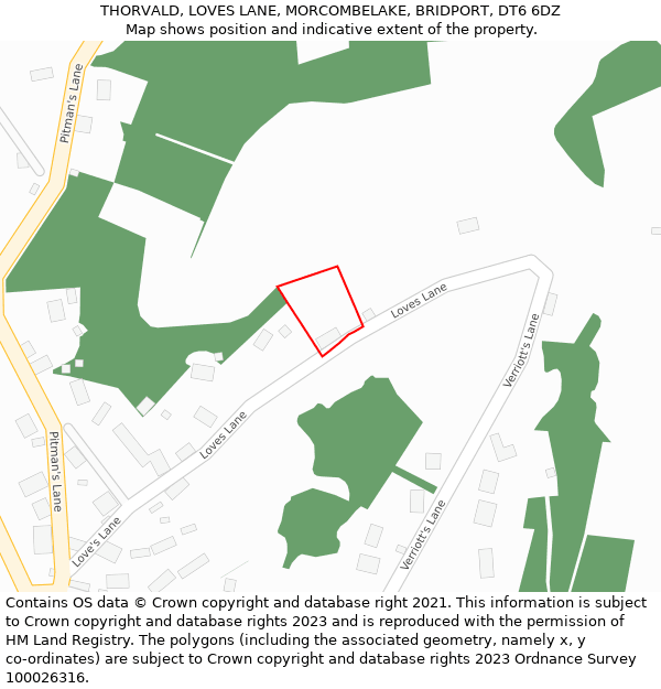 THORVALD, LOVES LANE, MORCOMBELAKE, BRIDPORT, DT6 6DZ: Location map and indicative extent of plot
