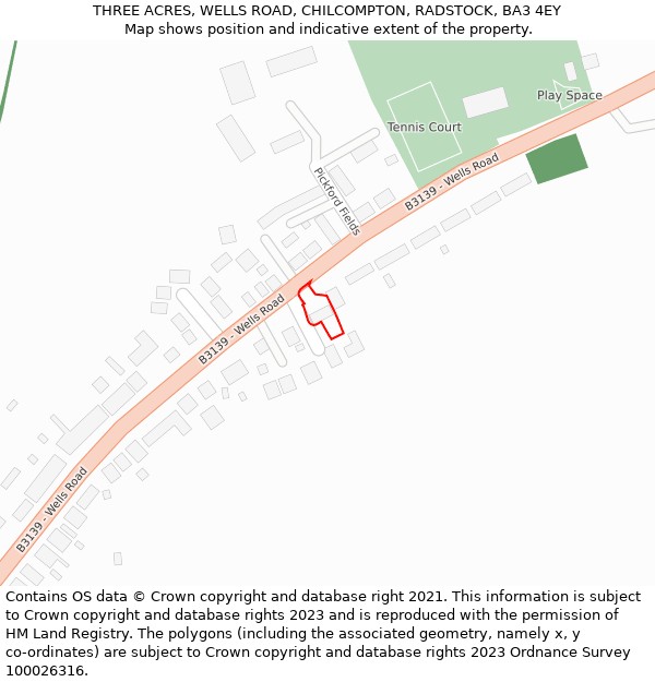 THREE ACRES, WELLS ROAD, CHILCOMPTON, RADSTOCK, BA3 4EY: Location map and indicative extent of plot
