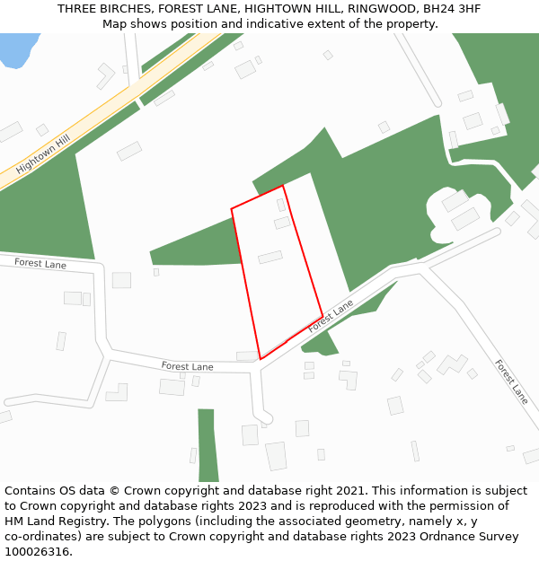THREE BIRCHES, FOREST LANE, HIGHTOWN HILL, RINGWOOD, BH24 3HF: Location map and indicative extent of plot