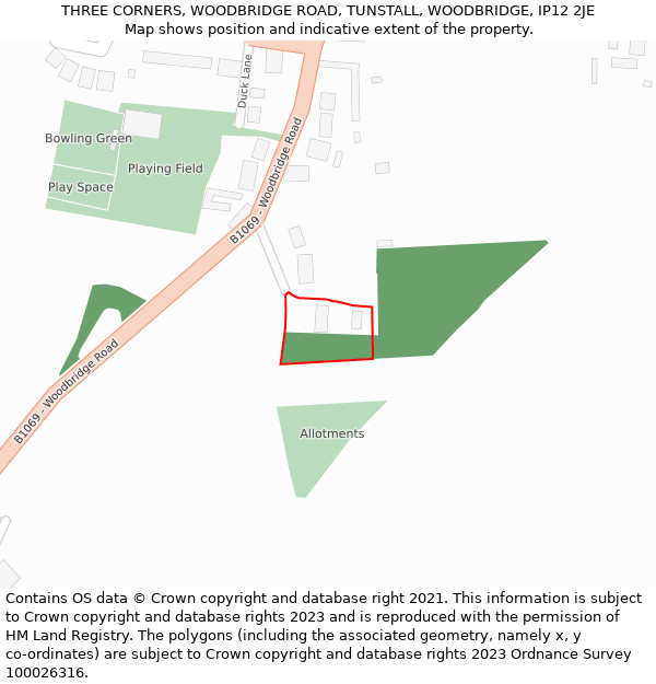 THREE CORNERS, WOODBRIDGE ROAD, TUNSTALL, WOODBRIDGE, IP12 2JE: Location map and indicative extent of plot