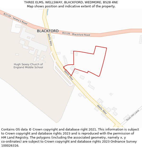 THREE ELMS, WELLSWAY, BLACKFORD, WEDMORE, BS28 4NE: Location map and indicative extent of plot