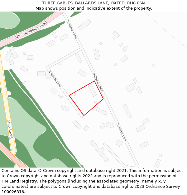 THREE GABLES, BALLARDS LANE, OXTED, RH8 0SN: Location map and indicative extent of plot
