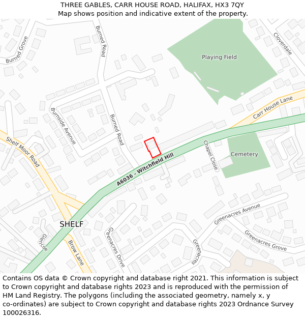 THREE GABLES, CARR HOUSE ROAD, HALIFAX, HX3 7QY: Location map and indicative extent of plot