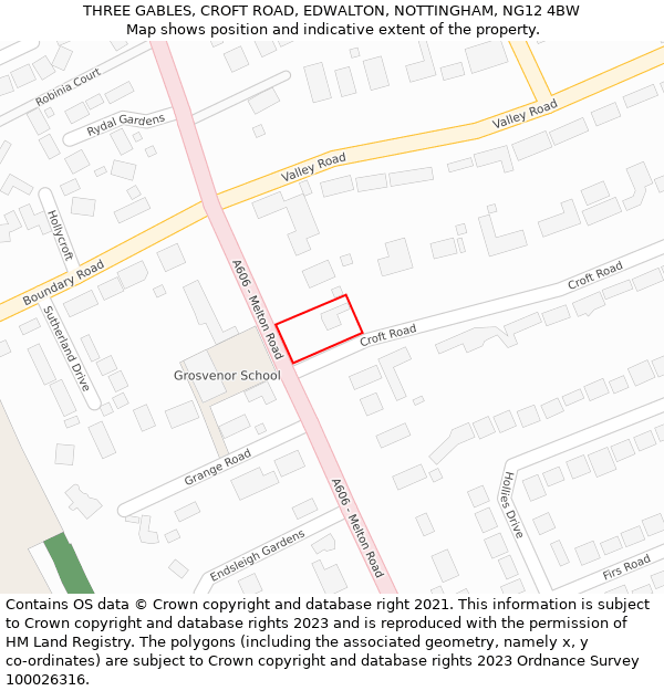 THREE GABLES, CROFT ROAD, EDWALTON, NOTTINGHAM, NG12 4BW: Location map and indicative extent of plot