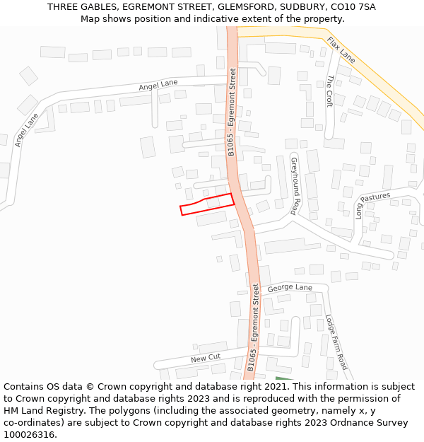 THREE GABLES, EGREMONT STREET, GLEMSFORD, SUDBURY, CO10 7SA: Location map and indicative extent of plot