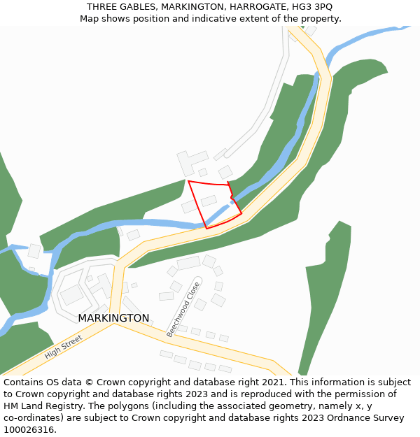 THREE GABLES, MARKINGTON, HARROGATE, HG3 3PQ: Location map and indicative extent of plot