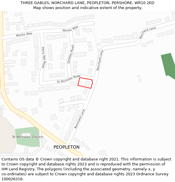 THREE GABLES, NORCHARD LANE, PEOPLETON, PERSHORE, WR10 2ED: Location map and indicative extent of plot