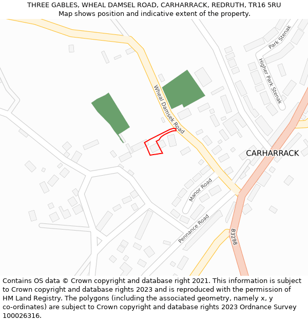 THREE GABLES, WHEAL DAMSEL ROAD, CARHARRACK, REDRUTH, TR16 5RU: Location map and indicative extent of plot