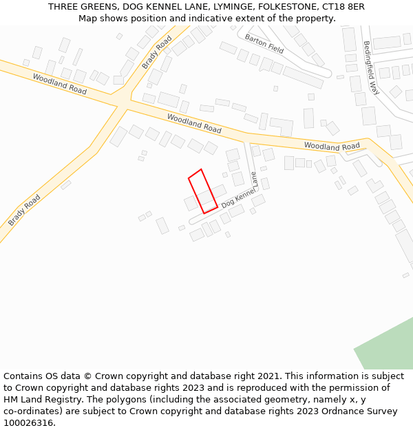 THREE GREENS, DOG KENNEL LANE, LYMINGE, FOLKESTONE, CT18 8ER: Location map and indicative extent of plot