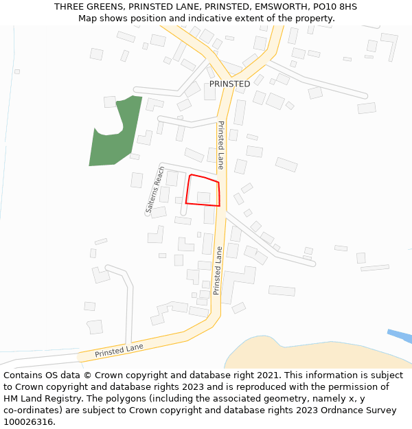 THREE GREENS, PRINSTED LANE, PRINSTED, EMSWORTH, PO10 8HS: Location map and indicative extent of plot