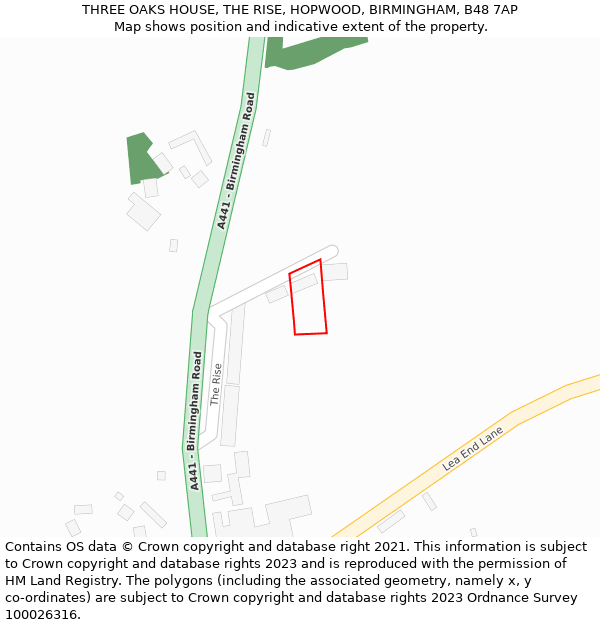 THREE OAKS HOUSE, THE RISE, HOPWOOD, BIRMINGHAM, B48 7AP: Location map and indicative extent of plot