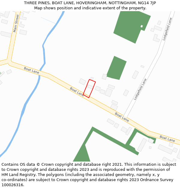 THREE PINES, BOAT LANE, HOVERINGHAM, NOTTINGHAM, NG14 7JP: Location map and indicative extent of plot