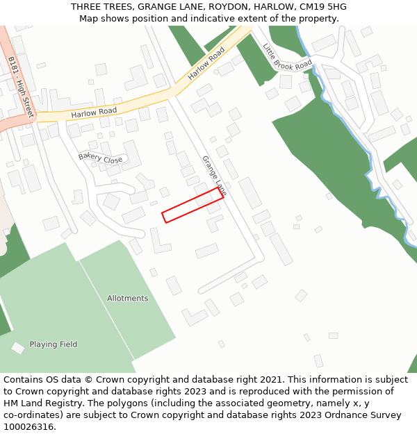 THREE TREES, GRANGE LANE, ROYDON, HARLOW, CM19 5HG: Location map and indicative extent of plot