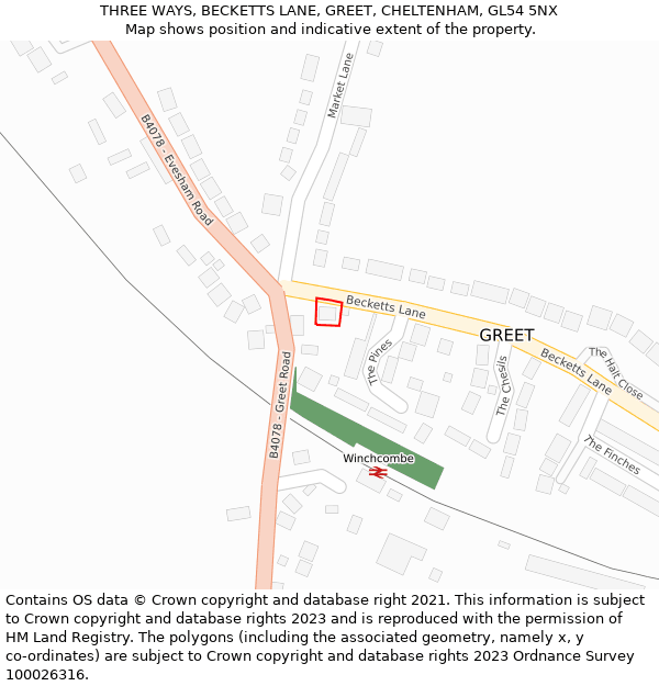 THREE WAYS, BECKETTS LANE, GREET, CHELTENHAM, GL54 5NX: Location map and indicative extent of plot