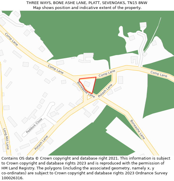 THREE WAYS, BONE ASHE LANE, PLATT, SEVENOAKS, TN15 8NW: Location map and indicative extent of plot