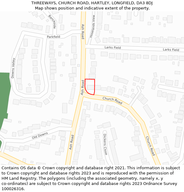 THREEWAYS, CHURCH ROAD, HARTLEY, LONGFIELD, DA3 8DJ: Location map and indicative extent of plot