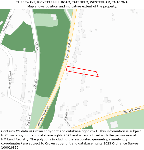 THREEWAYS, RICKETTS HILL ROAD, TATSFIELD, WESTERHAM, TN16 2NA: Location map and indicative extent of plot